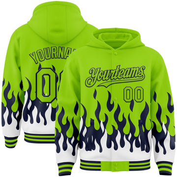 Custom Neon Green Navy-White Fire Flame Bomber Full-Snap Varsity Letterman Hoodie Jacket