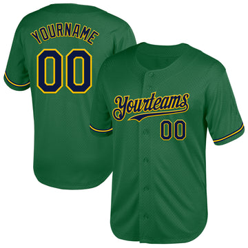 Custom Kelly Green Navy-Yellow Mesh Authentic Throwback Baseball Jersey