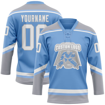 Custom Light Blue Kelly Green-White Hockey Jersey Discount