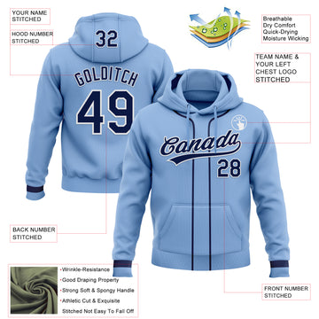 Custom Stitched Light Blue Navy-White Baseball Pullover Sweatshirt Hoodie