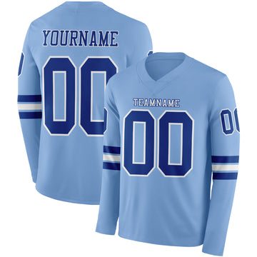 Custom Light Blue Royal-White Long Sleeve Authentic Football Jersey