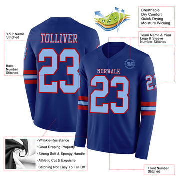Custom Royal Light Blue-Red Long Sleeve Authentic Football Jersey