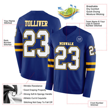 Custom Royal White Navy-Gold Long Sleeve Authentic Football Jersey