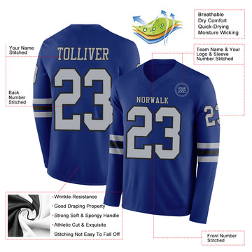 Custom Royal Gray-Black Long Sleeve Authentic Football Jersey
