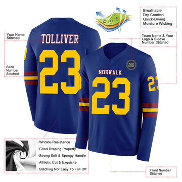 Custom Royal Yellow Crimson-White Long Sleeve Authentic Football Jersey