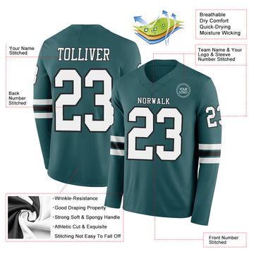 Custom Midnight Green White-Black Long Sleeve Authentic Football Jersey