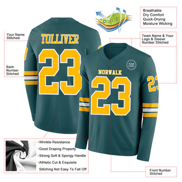 Custom Midnight Green Gold-White Long Sleeve Authentic Football Jersey
