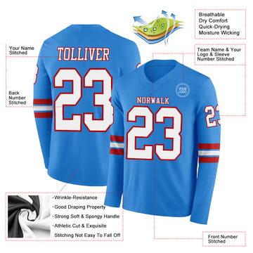 Custom Powder Blue White-Red Long Sleeve Authentic Football Jersey