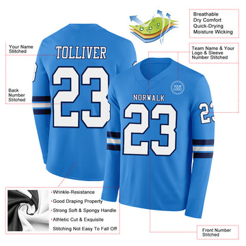 Custom Powder Blue White-Navy Long Sleeve Authentic Football Jersey