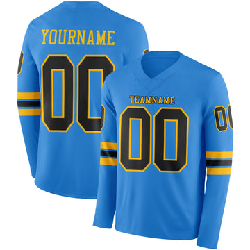 Custom Powder Blue Black-Gold Long Sleeve Authentic Football Jersey