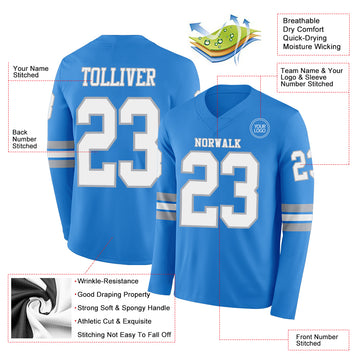 Custom Powder Blue White-Gray Long Sleeve Authentic Football Jersey