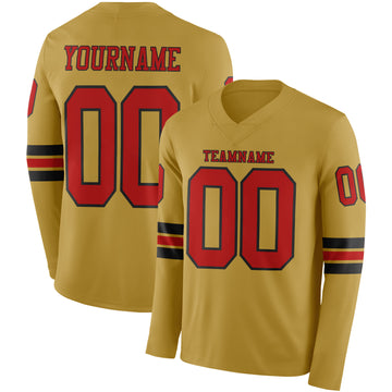 Custom Old Gold Red-Black Long Sleeve Authentic Football Jersey