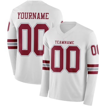 Custom White Crimson-Gray Long Sleeve Authentic Football Jersey