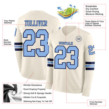 Custom Cream Light Blue-Navy Long Sleeve Authentic Football Jersey