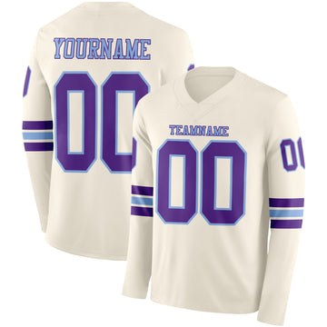 Custom Cream Purple-Light Blue Long Sleeve Authentic Football Jersey