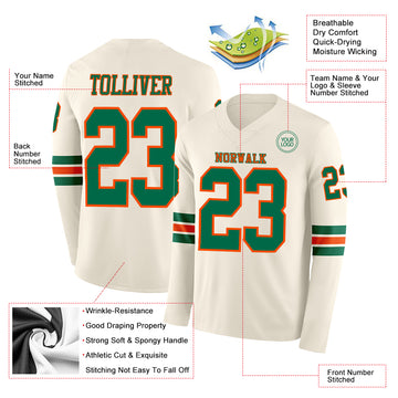 Custom Cream Kelly Green-Orange Long Sleeve Authentic Football Jersey