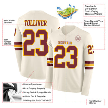 Custom Cream Burgundy-Gold Long Sleeve Authentic Football Jersey