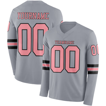 Custom Gray Medium Pink-Black Long Sleeve Authentic Football Jersey