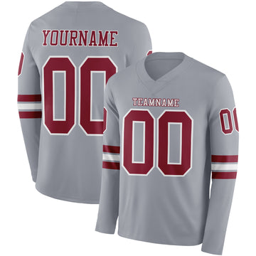 Custom Gray Crimson-White Long Sleeve Authentic Football Jersey