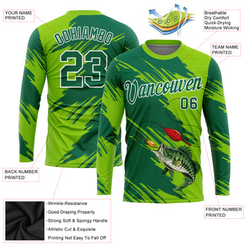Custom Neon Green Kelly Green-White Fishing Bass Fish Long Sleeve Performance T-Shirt