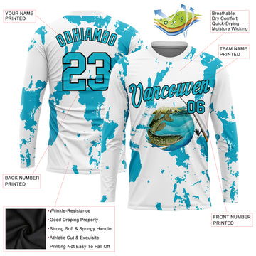 Custom White Lakes Blue-Black Fishing Bass Fish Long Sleeve Performance T-Shirt