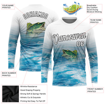 Custom White Blue-Black Fishing Bass Fish Long Sleeve Performance T-Shirt