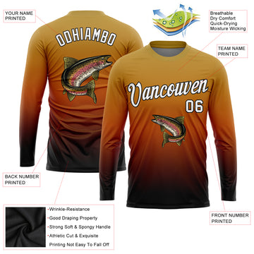 Custom Old Gold White Orange-Black Fishing Rainbow Trout Fish Gradient Long Sleeve Performance T-Shirt