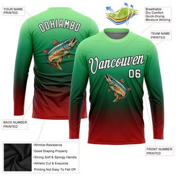 Custom Pea Green White Red-Black Fishing Salmon Fish Gradient Long Sleeve Performance T-Shirt