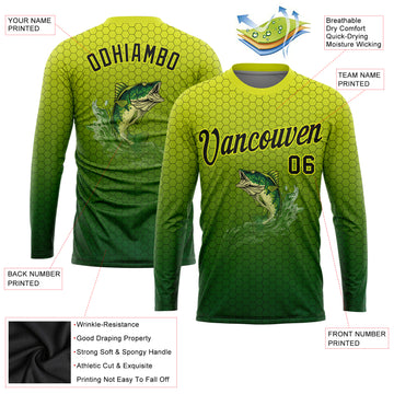 Custom Neon Yellow Black-Green Fishing Bass Fish Gradient Long Sleeve Performance T-Shirt