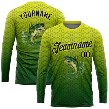 Custom Neon Yellow Black-Green Fishing Bass Fish Gradient Long Sleeve Performance T-Shirt