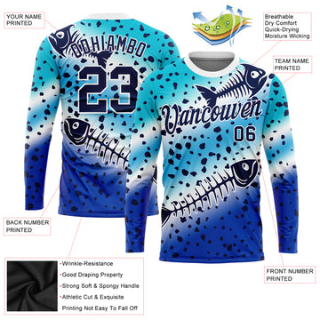 Custom Lakes Blue Navy Thunder Blue-White Fishing Fish Bone Gradient Long Sleeve Performance T-Shirt