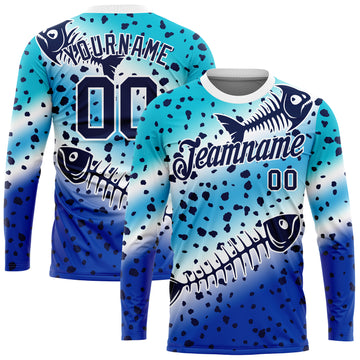 Custom Lakes Blue Navy Thunder Blue-White Fishing Fish Bone Gradient Long Sleeve Performance T-Shirt