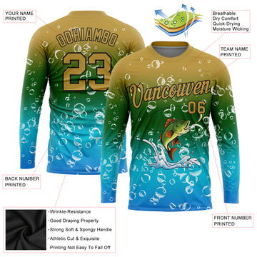 Custom Old Gold Green Lakes Blue-Black Fishing Bass Fish Long Sleeve Performance T-Shirt