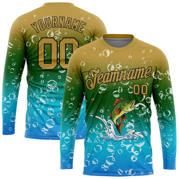Custom Old Gold Green Lakes Blue-Black Fishing Bass Fish Long Sleeve Performance T-Shirt