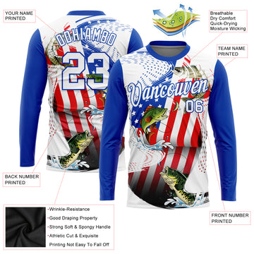 Custom White Fire Red-Thunder Blue Fishing Bass Fish American Flag Long Sleeve Performance T-Shirt