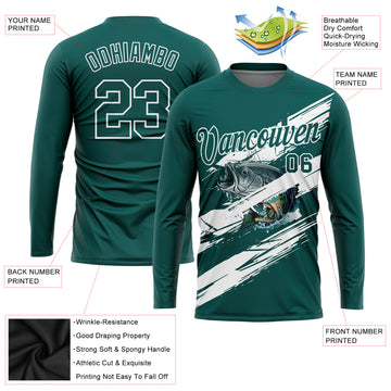 Custom Midnight Green-White Fishing Bass Fish Long Sleeve Performance T-Shirt