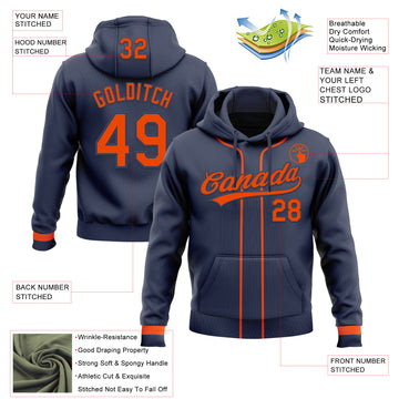 Custom Stitched Navy Orange Baseball Pullover Sweatshirt Hoodie