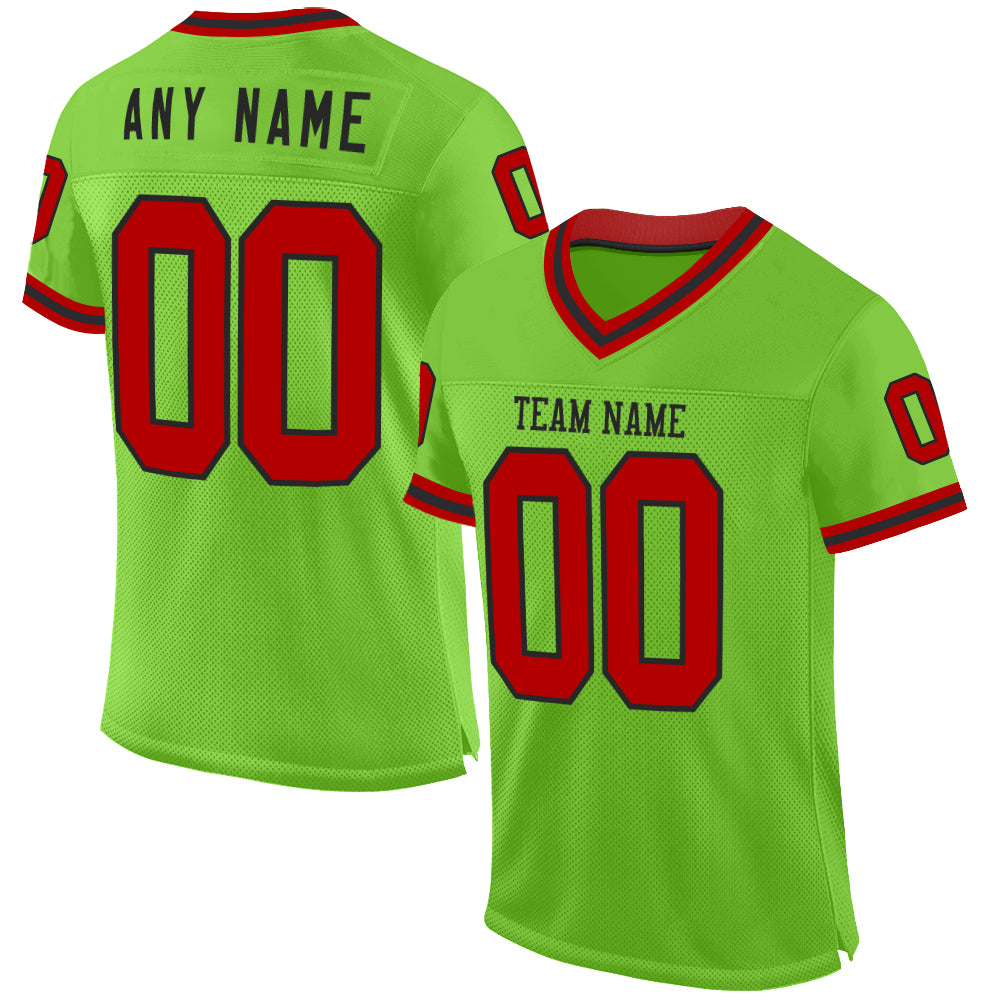 Custom Neon Green Red-Black Mesh Authentic Throwback Football