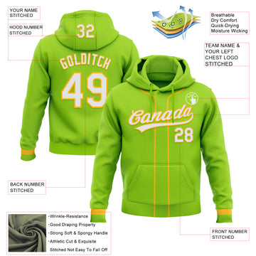 Custom Stitched Neon Green White-Gold Baseball Pullover Sweatshirt Hoodie