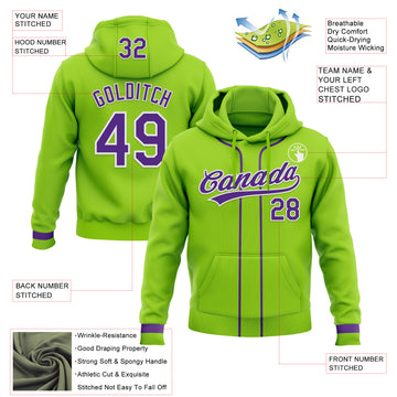 Custom Stitched Neon Green Purple-White Baseball Pullover Sweatshirt Hoodie
