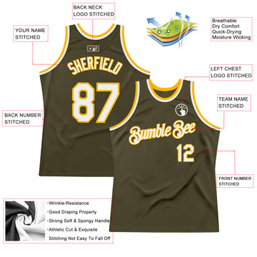 Custom Olive White-Gold Authentic Throwback Salute To Service Basketball Jersey