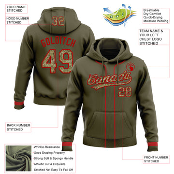 Custom Stitched Olive Camo-Red Baseball Pullover Sweatshirt Hoodie
