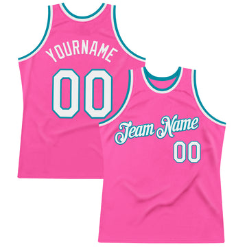 Custom Pink White-Teal Authentic Throwback Basketball Jersey