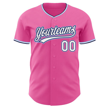 Custom Pink White Navy-Light Blue Authentic Baseball Jersey