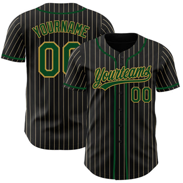 Custom Black Cream Pinstripe Green-Old Gold Authentic Baseball Jersey