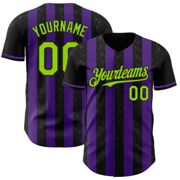 Custom Black Neon Green-Purple Classic Vertical Stripe Fluid Liquid Texture Authentic Baseball Jersey