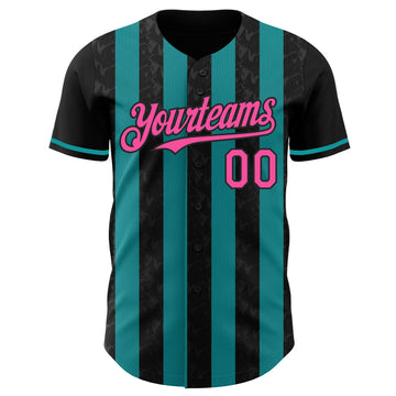 Custom Black Pink-Teal Classic Vertical Stripe Fluid Liquid Texture Authentic Baseball Jersey