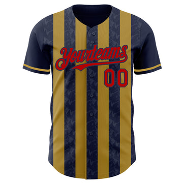 Custom Navy Red-Old Gold Classic Vertical Stripe Fluid Liquid Texture Authentic Baseball Jersey