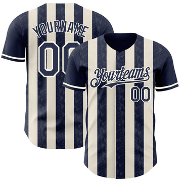 Custom Navy Cream-Cream Classic Vertical Stripe Fluid Liquid Texture Authentic Baseball Jersey