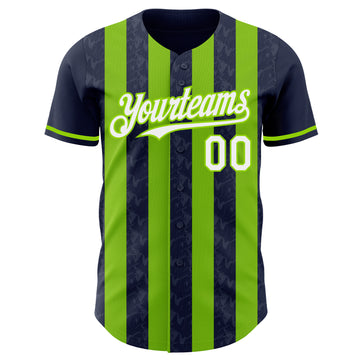 Custom Navy White-Neon Green Classic Vertical Stripe Fluid Liquid Texture Authentic Baseball Jersey